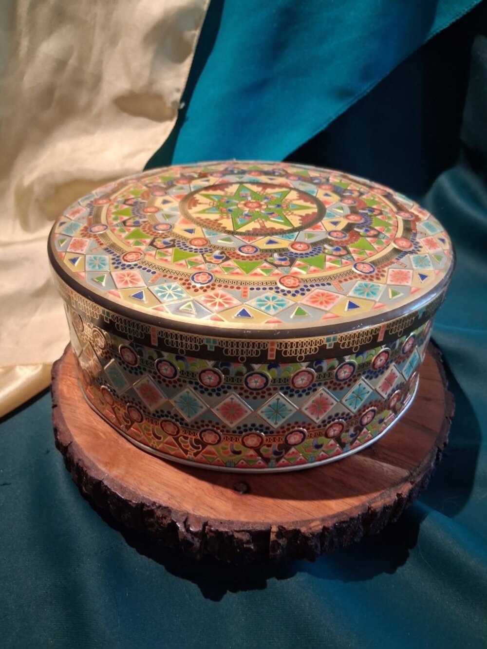 Vintage Tin, Mandala Star, Boho Decor, Litho Biscuit Tin, and Trinket Storage
